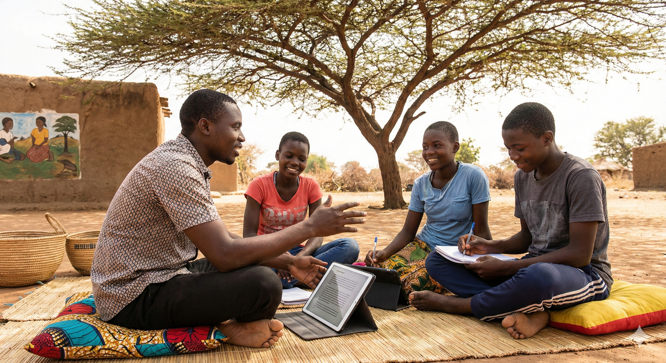 Teacher instructing children outdoors using technology.