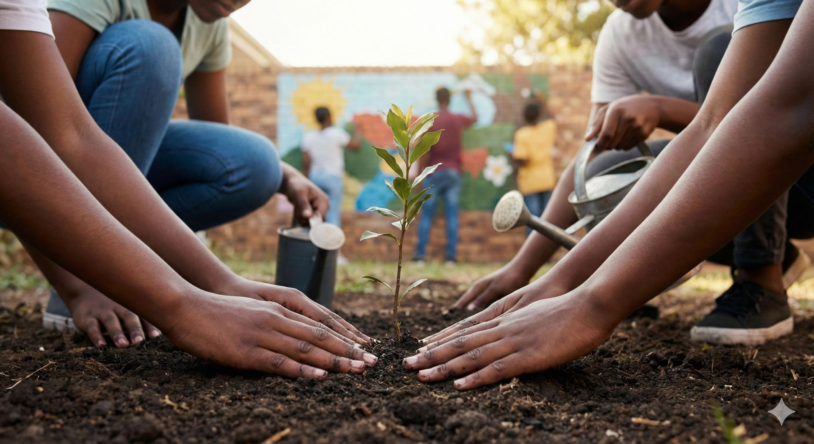Young people planting trees and caring for the environment.